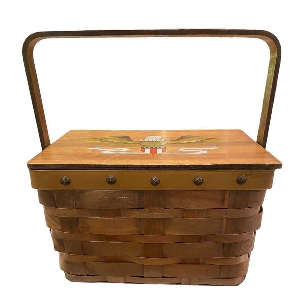 SCOVILL DRITZ Sewing Basket Wood Top Painted Eagle Vintage Made in Japan #91022